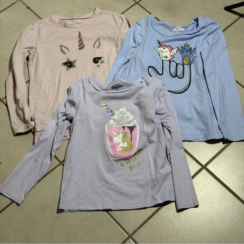 Oshkosh B’gosh Kids Girl Purple/Lilac Unicorn Graphic Long Sleeve Shirts size 12
